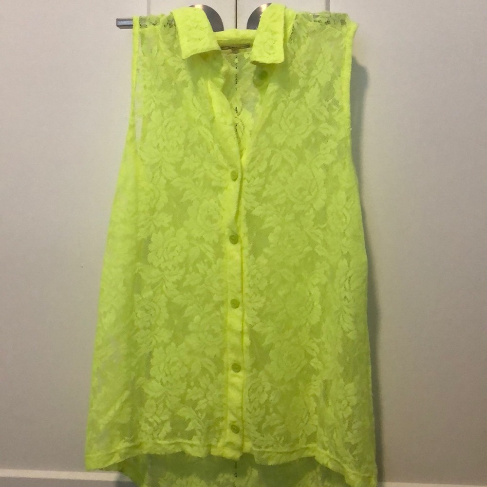 Sheer Lace style neon yellow button tank